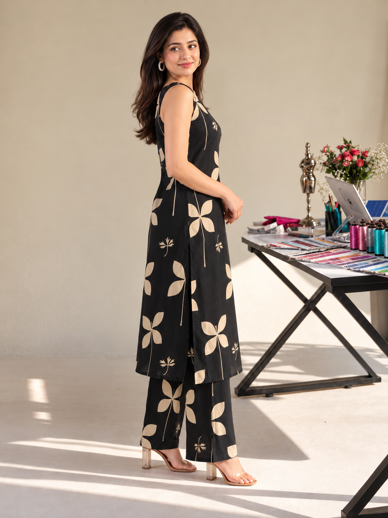Black Floral Sleeveless Kurta Set