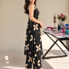 Black Floral Sleeveless Kurta Set