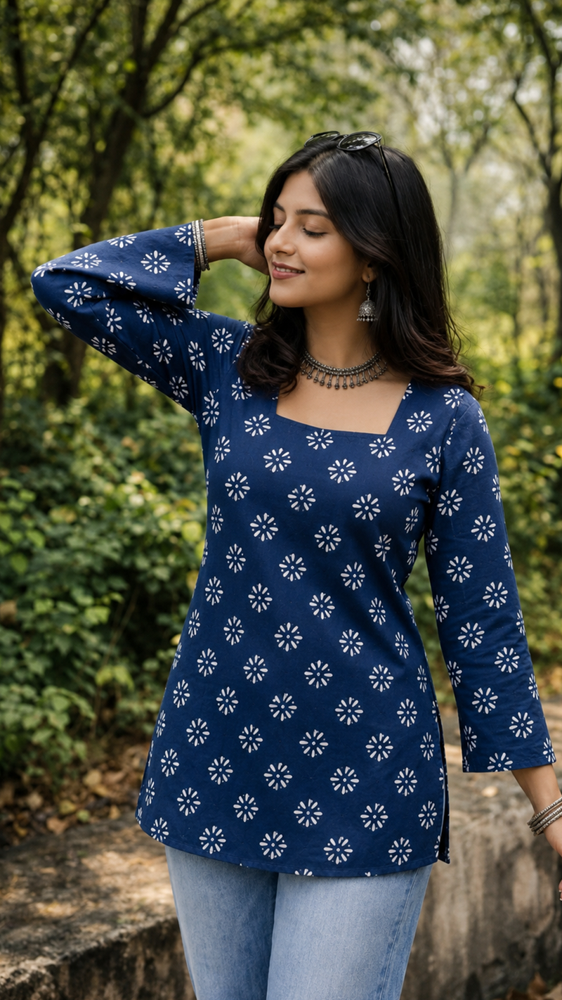 Women Blue Printed Square Neck Kurti Top