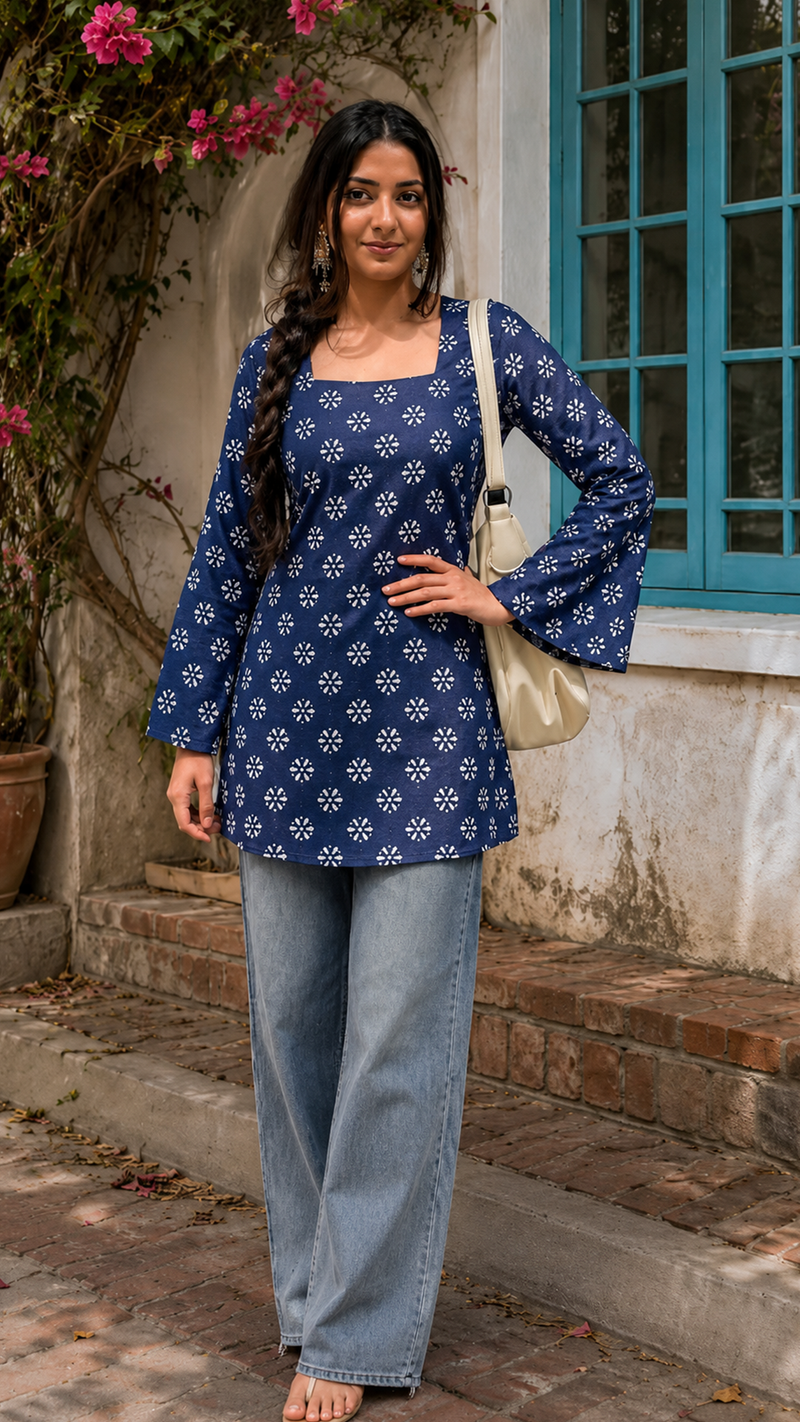 Women Blue Printed Square Neck Kurti Top