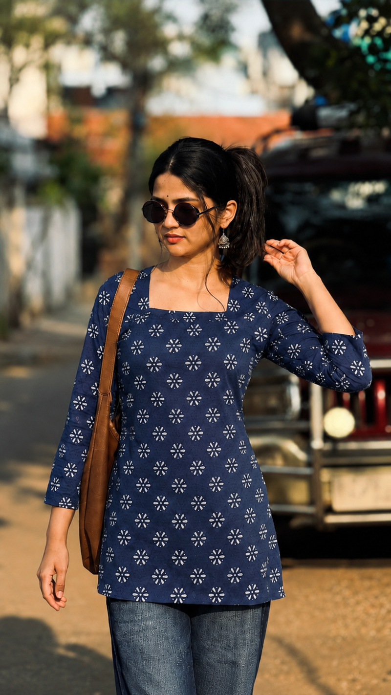 Women Blue Printed Square Neck Kurti Top