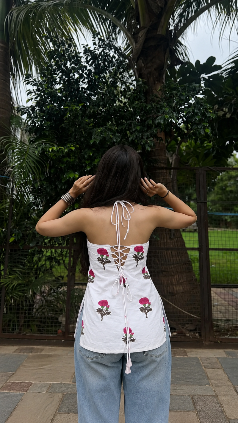 White Floral Sleeveless Cotton Top