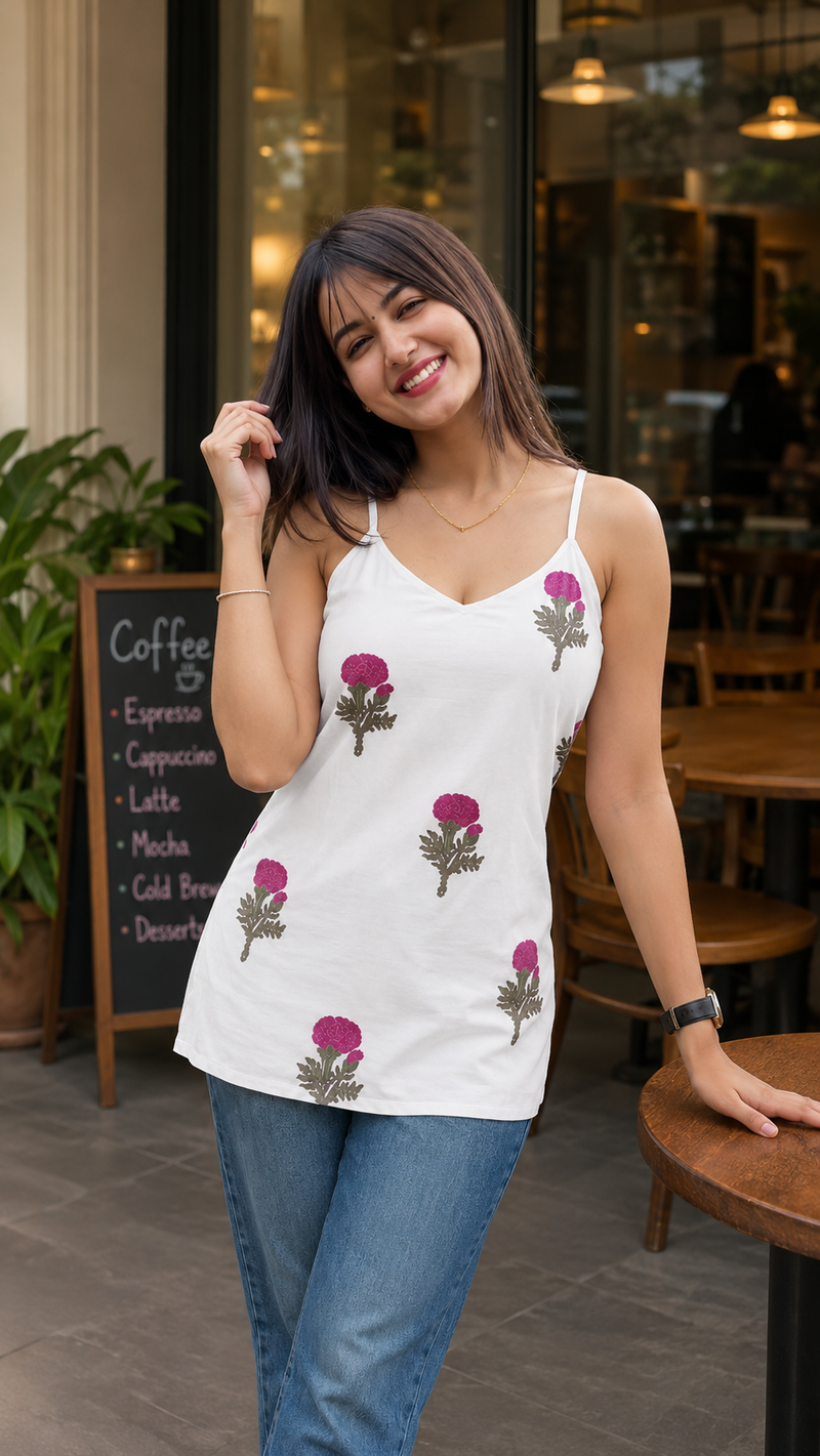 White Floral Sleeveless Cotton Top