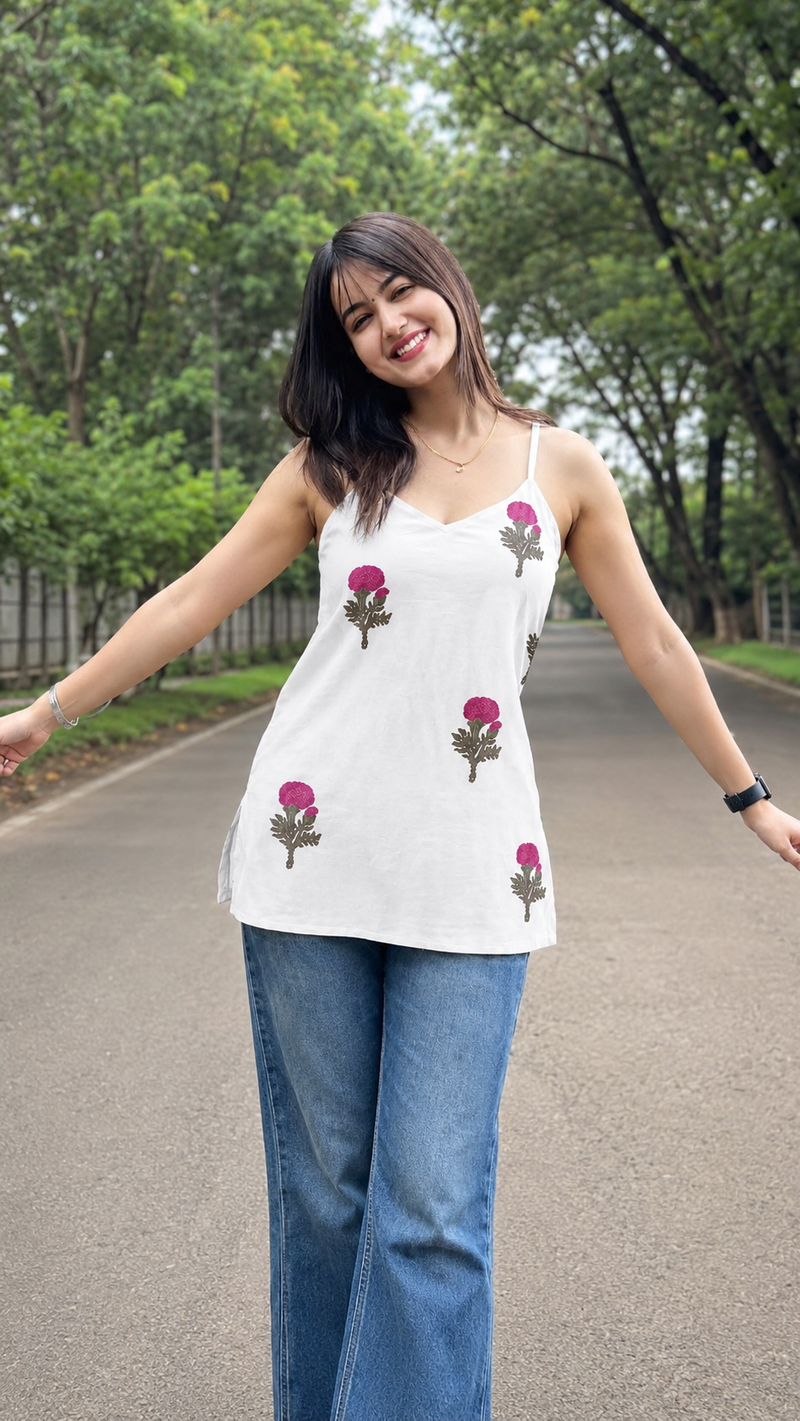 White Floral Sleeveless Cotton Top
