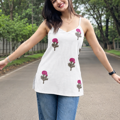 White Floral Sleeveless Cotton Top