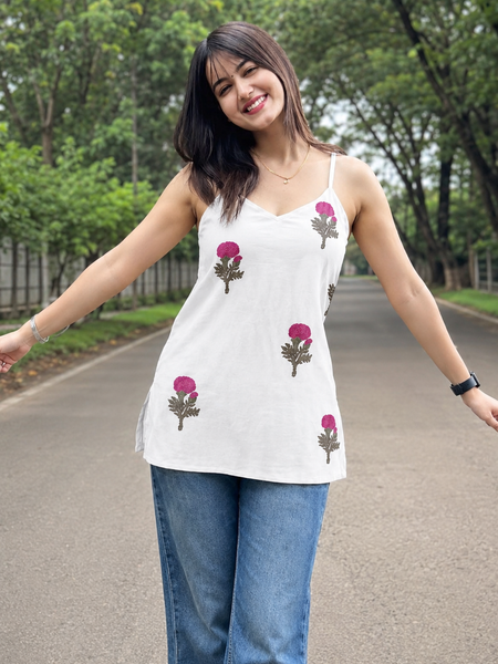 White Floral Sleeveless Cotton Top